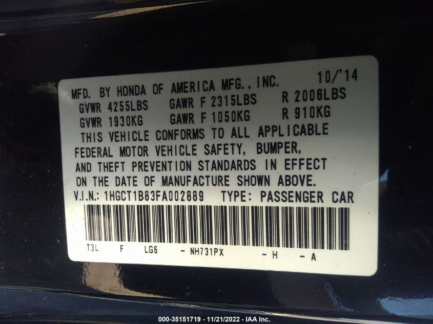 2015 HONDA ACCORD COUPE EX-L 1HGCT1B83FA002889