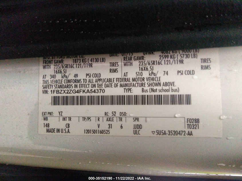 2015 FORD TRANSIT WAGON XL/XLT 1FBZX2ZG4FKA54370