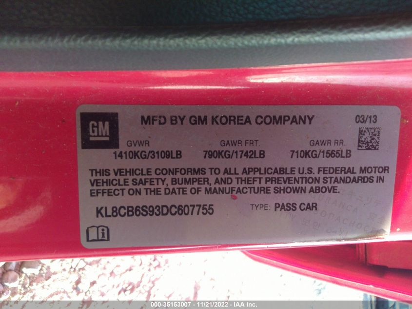 2013 CHEVROLET SPARK LS KL8CB6S93DC607755