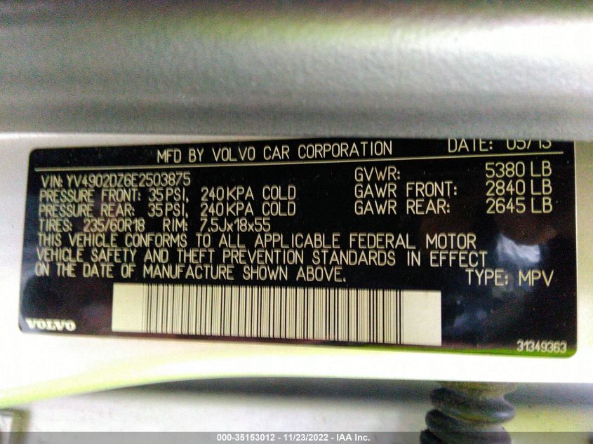 2014 VOLVO XC60 3.0L YV4902DZ6E2503875