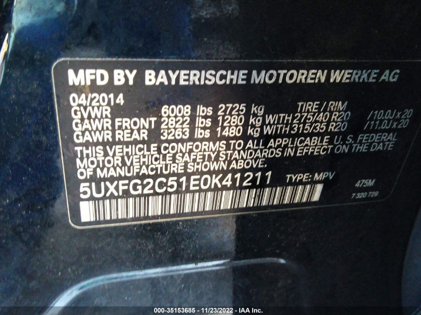 2014 BMW X6 XDRIVE35I - 5UXFG2C51E0K41211