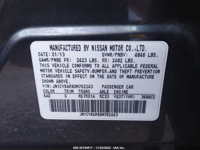 2013 INFINITI G37 SEDAN X JN1CV6AR9DM762243
