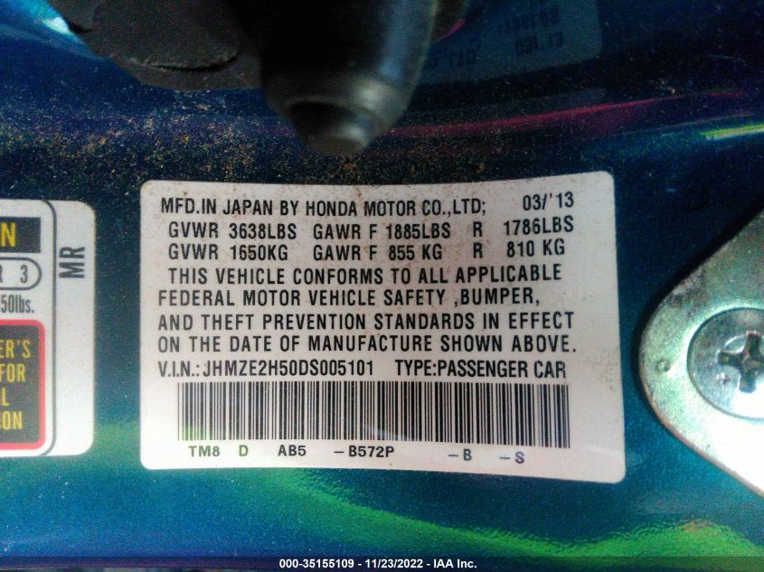 2013 HONDA INSIGHT LX JHMZE2H50DS005101