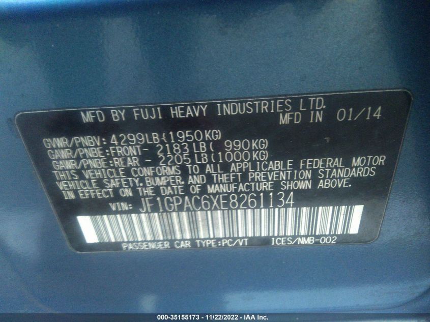 2014 SUBARU IMPREZA WAGON 2.0I PREMIUM JF1GPAC6XE8261134