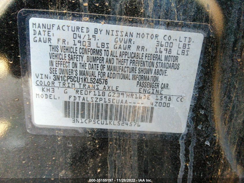 2019 NISSAN KICKS SV 3N1CP5CU1KL524576