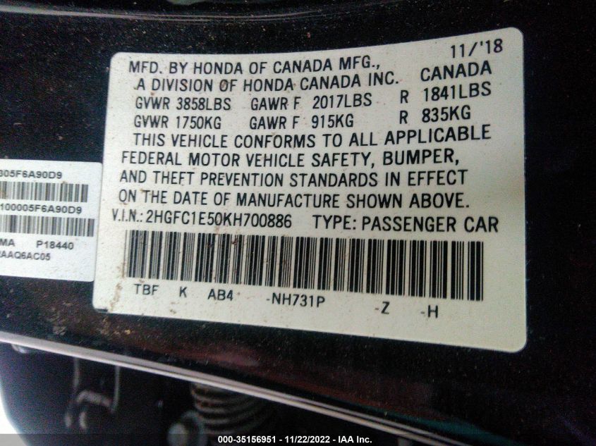 2019 HONDA CIVIC SI SEDAN 2HGFC1E50KH700886