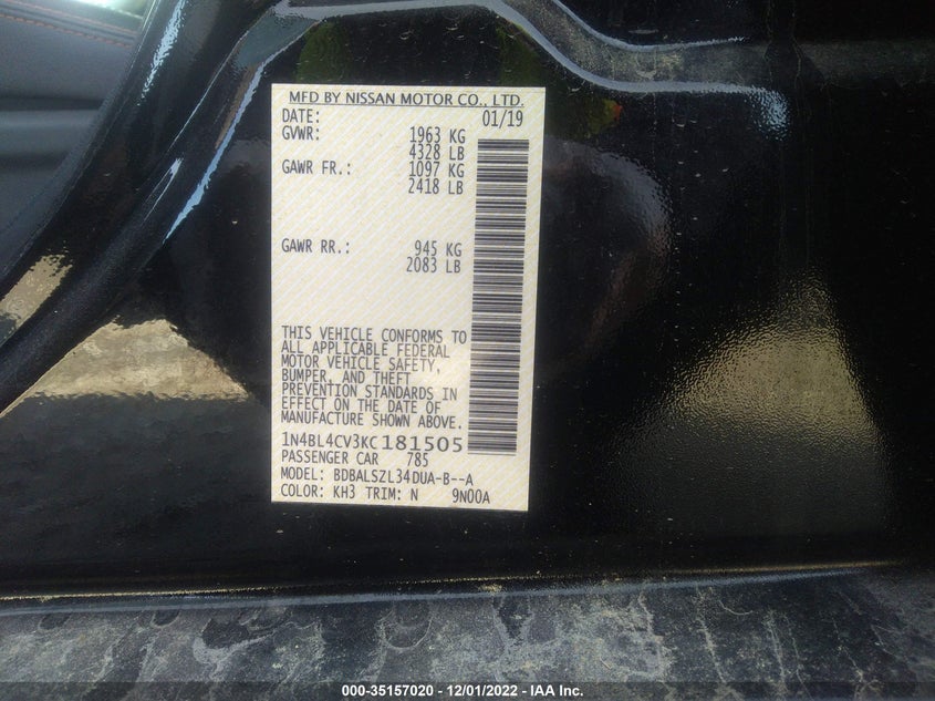 VIN 1N4BL4CV3KC181505 2019 NISSAN ALTIMA 2.5 SR