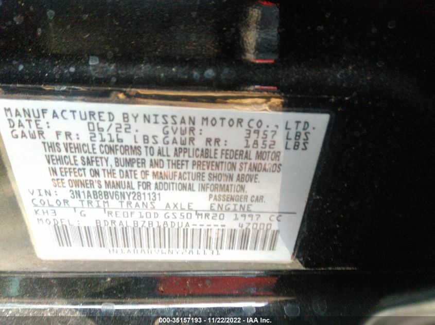 3N1AB8BV6NY281131 | 2022 NISSAN SENTRA