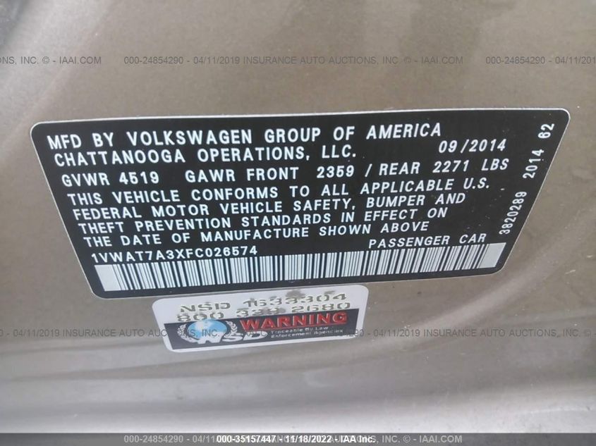 2015 VOLKSWAGEN PASSAT 1.8T WOLFSBURG ED 1VWAT7A3XFC026574