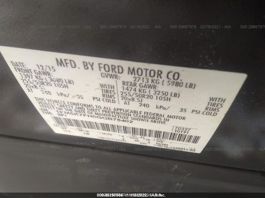 2016 FORD EXPLORER LIMITED 1FM5K7FH0GGB75402