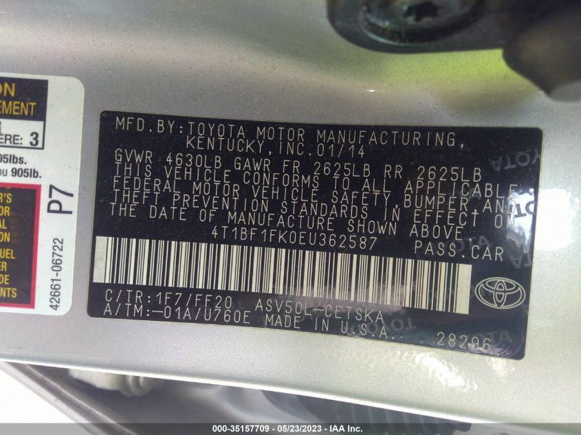 2014 TOYOTA CAMRY L/LE/XLE/SE/SE SPORT - 4T1BF1FK0EU362587