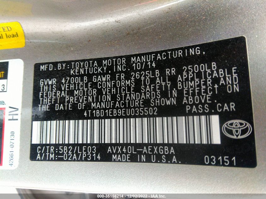 2014 TOYOTA AVALON HYBRID LIMITED/XLE TOURING 4T1BD1EB9EU035502