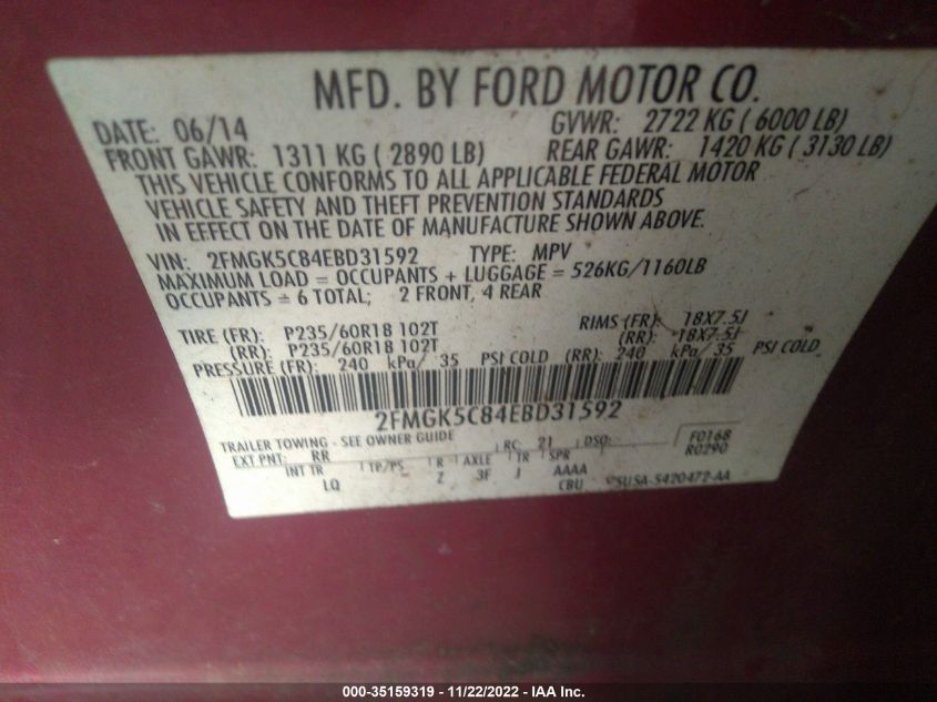 2014 FORD FLEX SEL 2FMGK5C84EBD31592