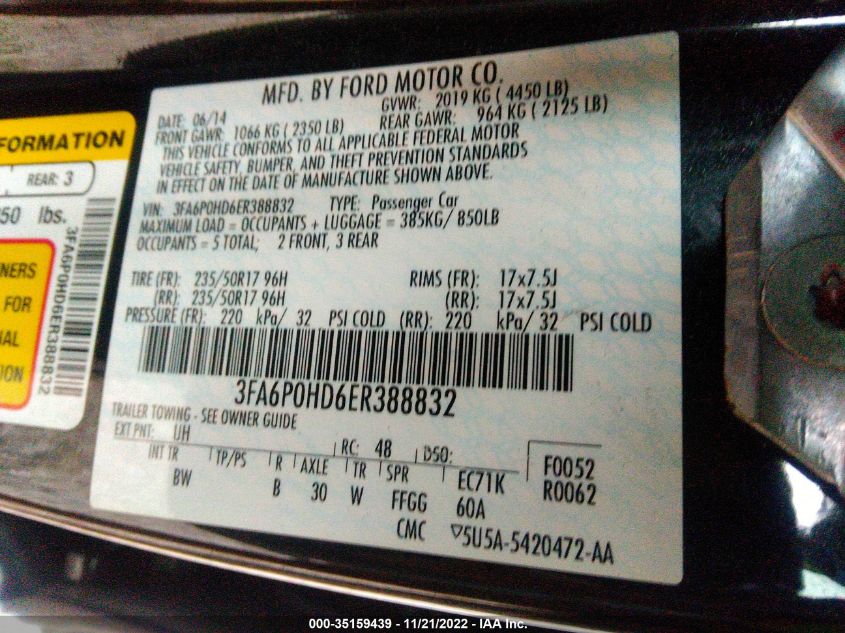 2014 FORD FUSION SE 3FA6P0HD6ER388832