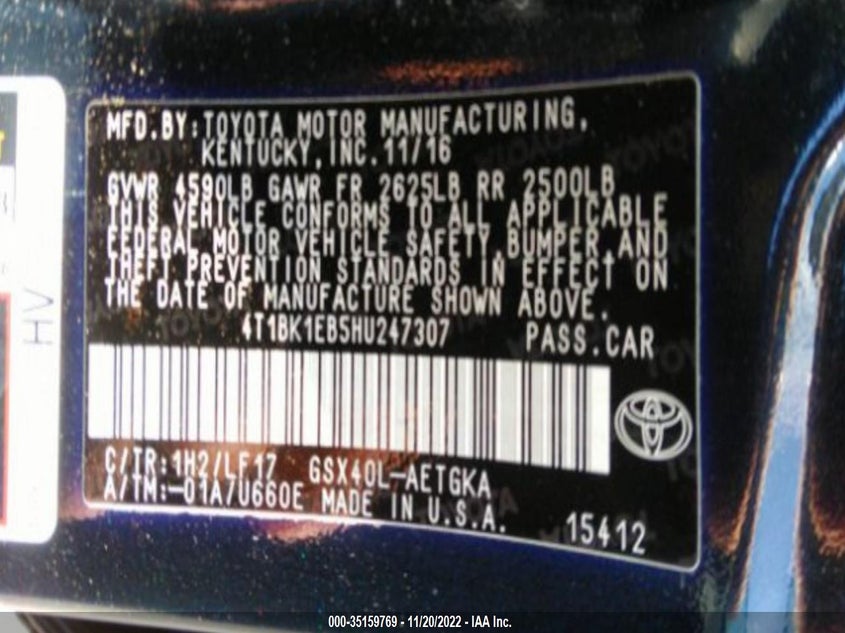 VIN 4T1BK1EB5HU247307 2017 TOYOTA AVALON