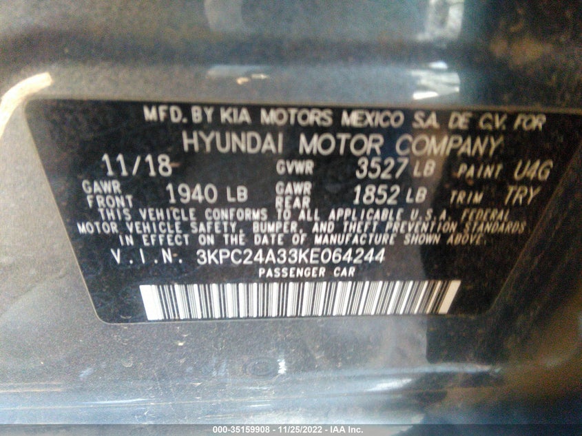 VIN 3KPC24A33KE064244 2019 HYUNDAI ACCENT SE