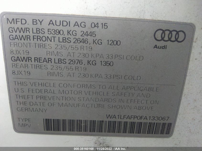 2015 AUDI Q5 PREMIUM PLUS WA1LFAFP0FA133067