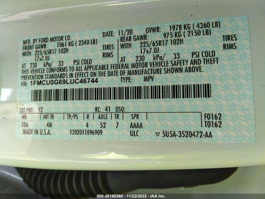 2020 FORD ESCAPE SE 1FMCU0G69LUC46744