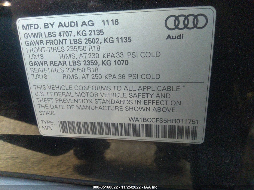 VIN WA1BCCFS5HR011751 2017 AUDI Q3 PREMIUM