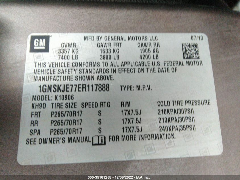 2014 CHEVROLET SUBURBAN LT 1GNSKJE77ER117888