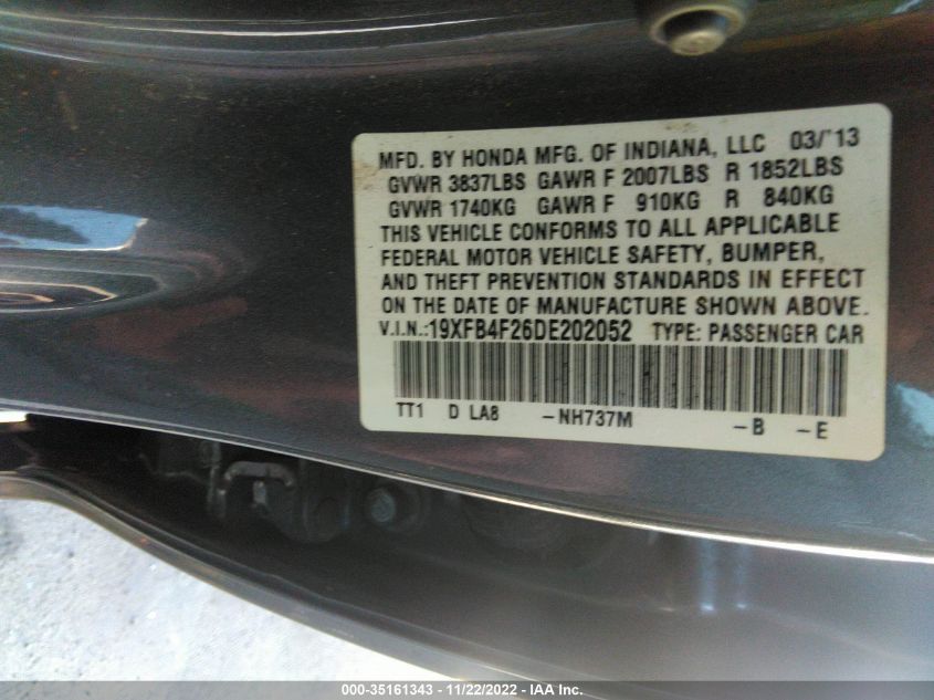 2013 HONDA CIVIC HYBRID 19XFB4F26DE202052