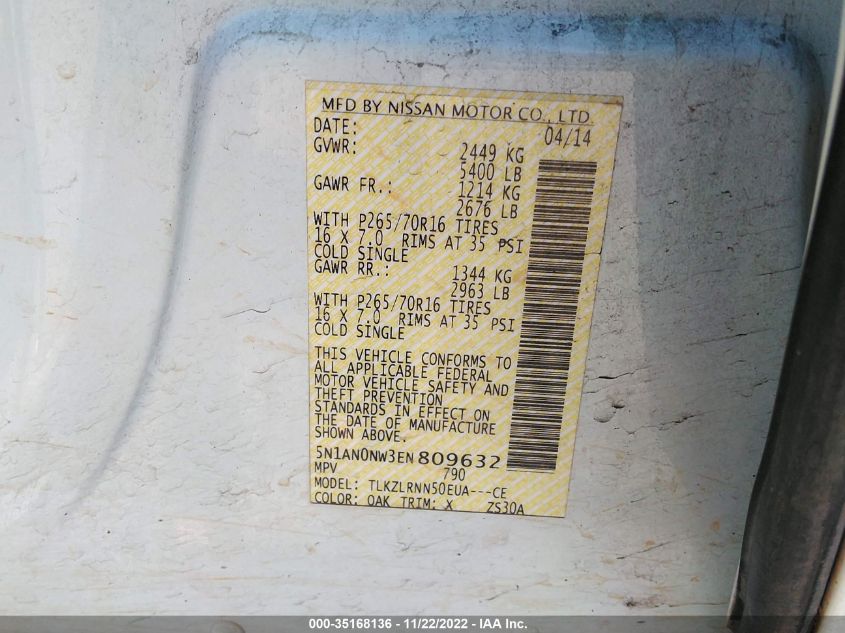 2014 NISSAN XTERRA X/S/PRO-4X 5N1AN0NW3EN809632