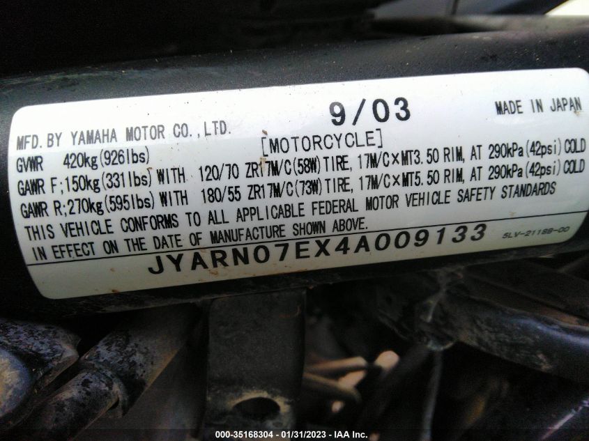 2004 YAMAHA FZS10 JYARN07EX4A009133