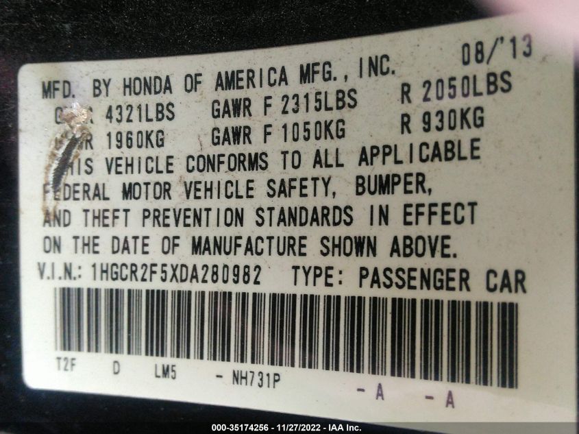2013 HONDA ACCORD SDN SPORT 1HGCR2F5XDA280982