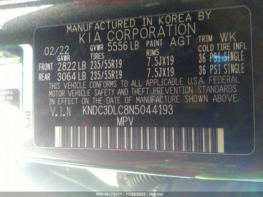2022 KIA EV6 WIND KNDC3DLC8N5044193