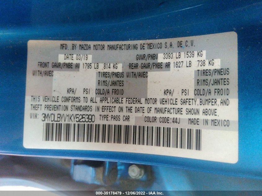 2019 TOYOTA YARIS SEDAN L/LE/XLE 3MYDLBYV1KY525390