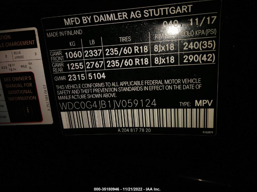 2018 MERCEDES-BENZ GLC GLC 300 00C0G4JB1JV059124