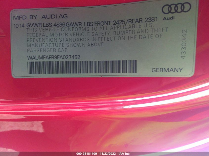 2015 AUDI A5 PREMIUM PLUS WAUMFAFR9FA027452