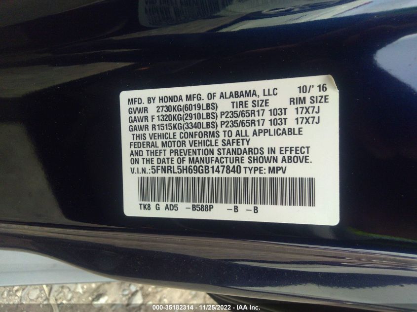 5FNRL5H69GB147840 2016 HONDA ODYSSEY, photo no. 9