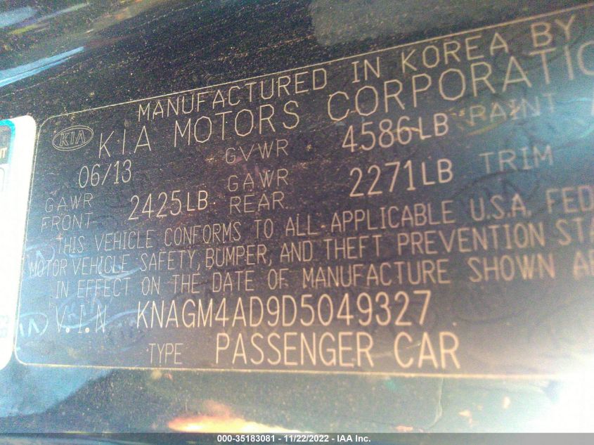 2013 KIA OPTIMA HYBRID LX KNAGM4AD9D5049327
