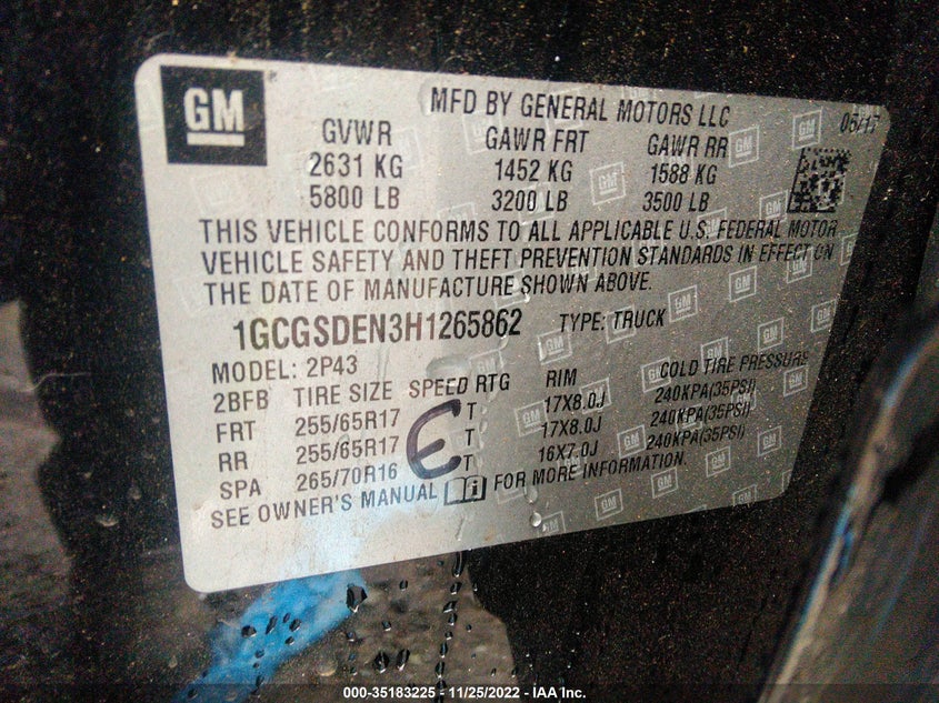 VIN 1GCGSDEN3H1265862 2017 CHEVROLET COLORADO 2WD Z71