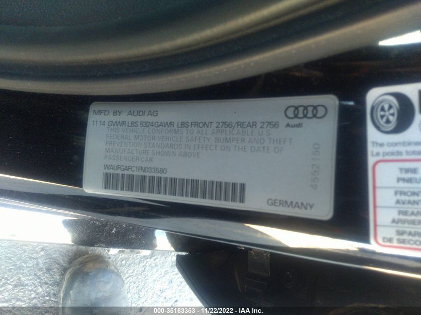 2015 AUDI A6 3.0T PREMIUM PLUS WAUFGAFC1FN033580