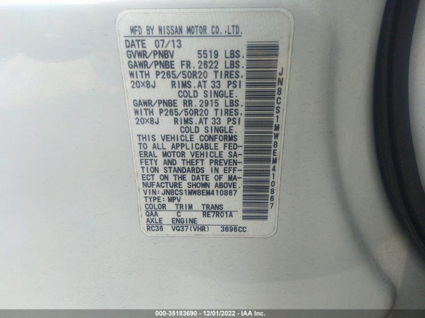 2014 INFINITI QX70 JN8CS1MW8EM410867