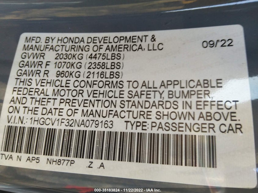 VIN 1HGCV1F32NA079163 2022 HONDA ACCORD SEDAN SPORT