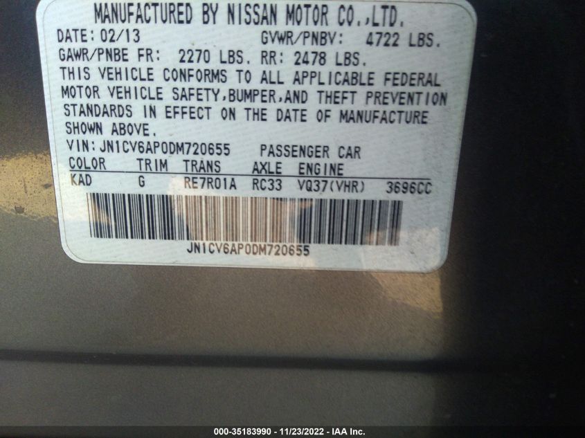 2013 INFINITI G37 SEDAN JOURNEY JN1CV6AP0DM720655