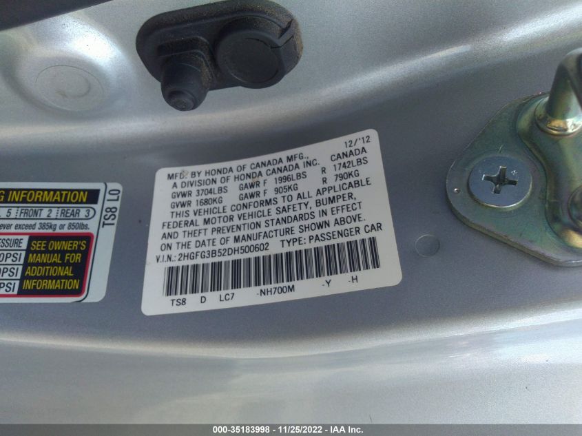 2013 HONDA CIVIC CPE LX 2HGFG3B52DH500602