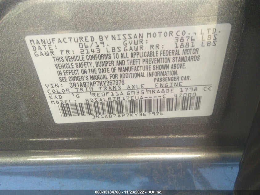 VIN 3N1AB7AP7KY367976 2019 NISSAN SENTRA SR