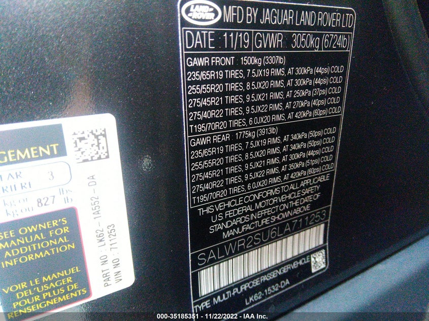 VIN SALWR2SU6LA711253 2020 LAND ROVER RANGE ROVER SPORT HSE