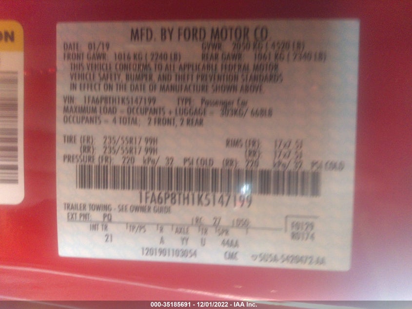 VIN 1FA6P8TH1K5147199 2019 FORD MUSTANG ECOBOOST