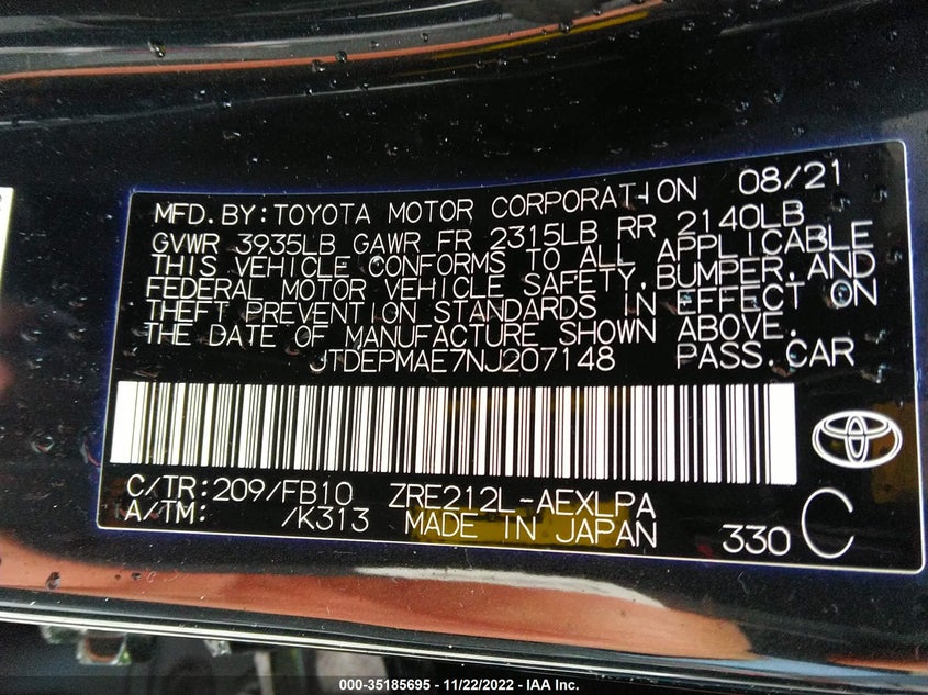 VIN JTDEPMAE7NJ207148 2022 TOYOTA COROLLA LE