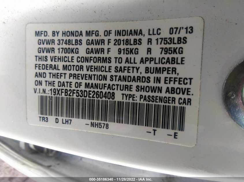2013 HONDA CIVIC SDN LX 19XFB2F53DE260408