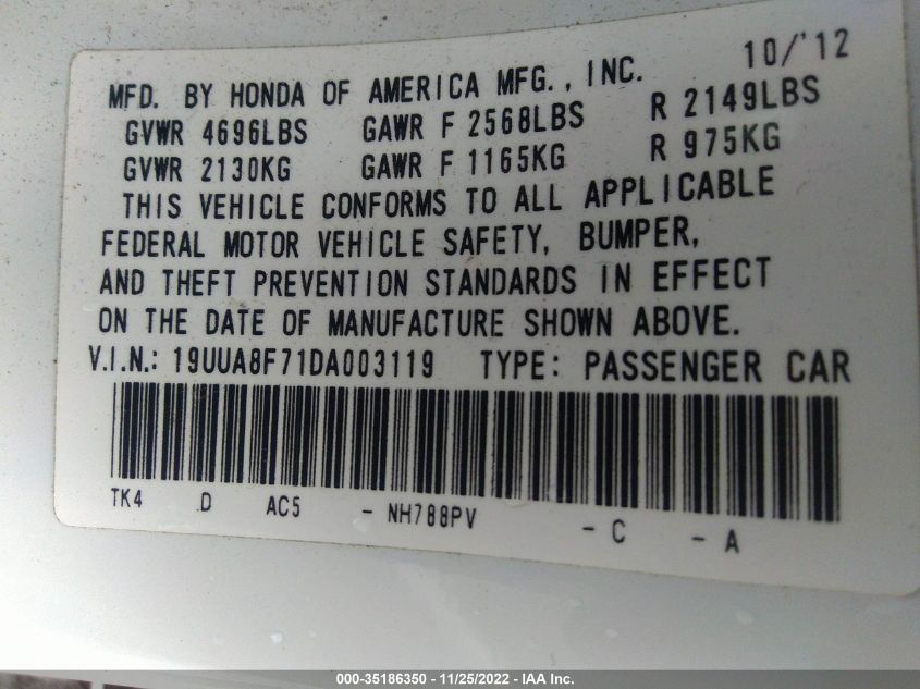 2013 ACURA TL ADVANCE 19UUA8F71DA003119