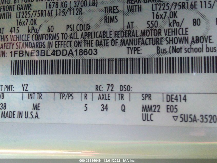 2013 FORD ECONOLINE WAGON XL/XLT 1FBNE3BL4DDA18603
