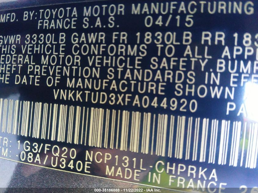 2015 TOYOTA YARIS L/SE/LE VNKKTUD3XFA044920