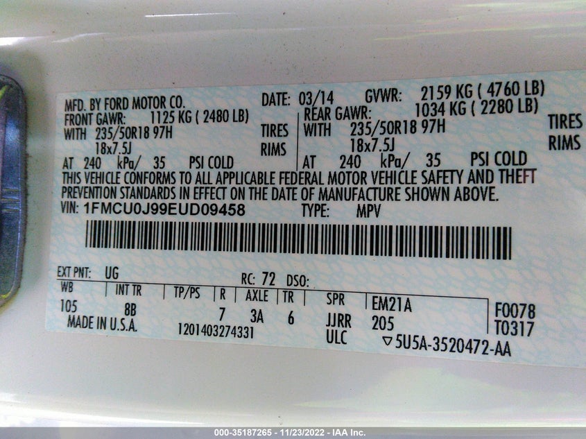 2014 FORD ESCAPE VIN: 1FMCU0J99EUD09458