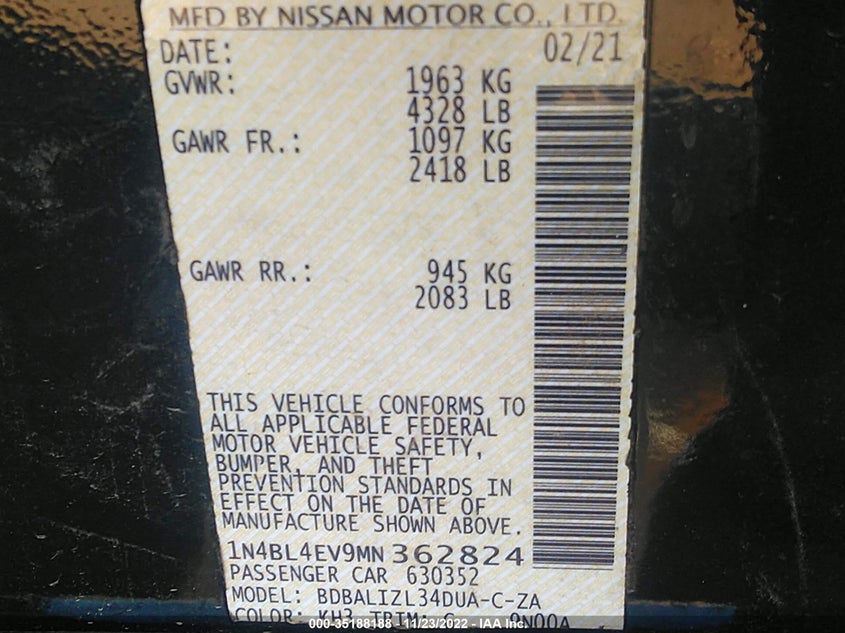 VIN 1N4BL4EV9MN362824 2021 NISSAN ALTIMA 2.5 SL